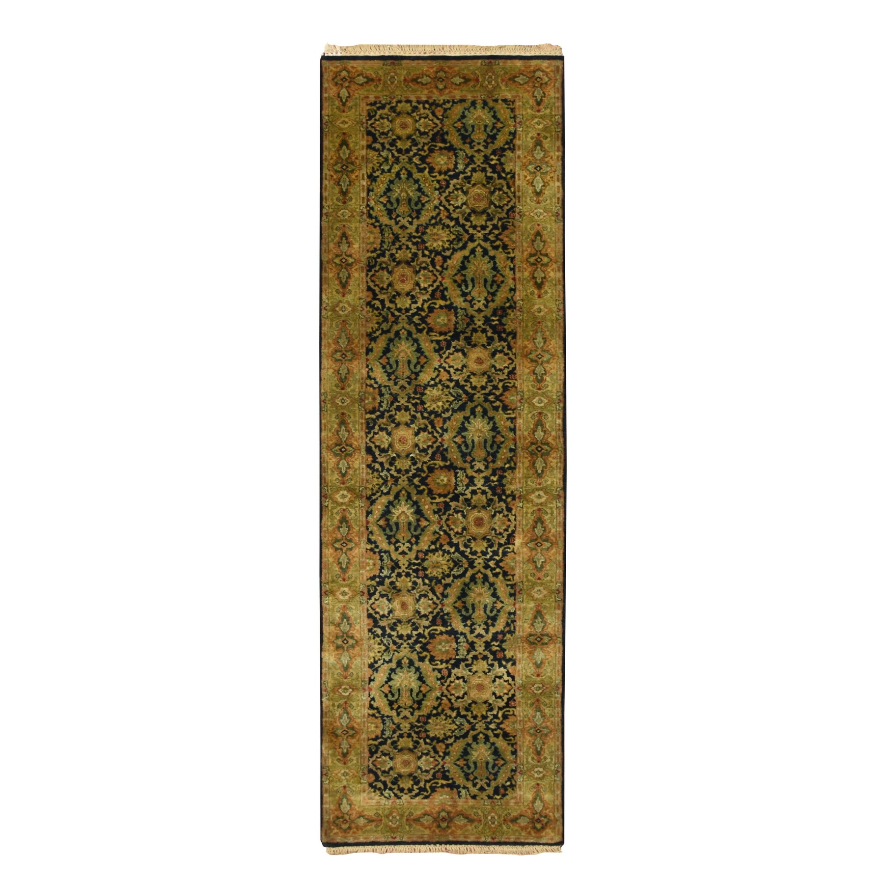 Caviar Black, Rajasthan with All Over Leaf Design, Hand Knotted, 100% Wool, Densely Woven, Thick and Plush, Runner, Oriental Rug